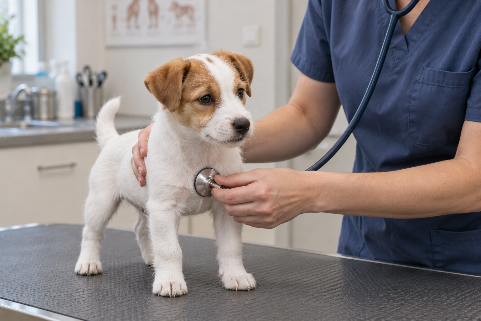 Veterinár pokojne vyšetruje mladé šteňa počas preventívnej prehliadky